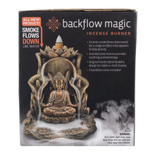 Load image into Gallery viewer, Bronze Buddha Backflow Incense Burner the side of the packaging displayed on a white background - Down To Earth
