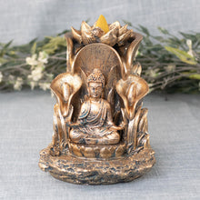 Load image into Gallery viewer, Bronze Buddha Backflow Incense Burner front facing with plants displayed on a styled background - Down To Earth
