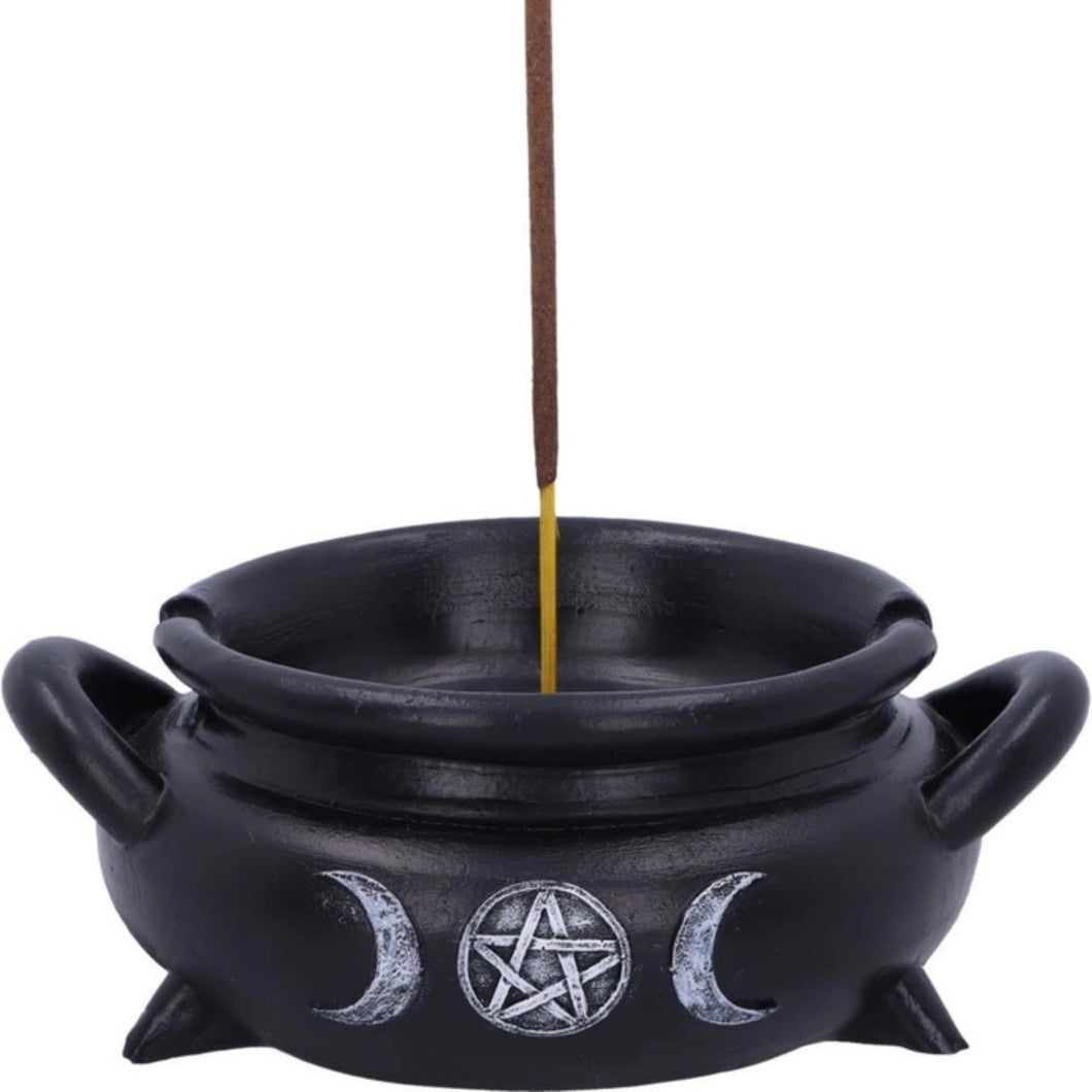 Black resin cauldron shaped ashtray and incense burner with white triple moon design - Down to Earth