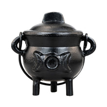 Load image into Gallery viewer, Cast Iron 3" Triple Moon Goddess Cauldron low angle on a white background - Down to Earth
