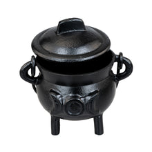 Load image into Gallery viewer, Cast Iron 3" Triple Moon Goddess Cauldron lid halfway on a white background - Down to Earth
