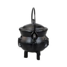 Load image into Gallery viewer, Cast Iron 3" Triple Moon Goddess Cauldron side angle on a white background - Down to Earth
