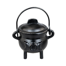 Load image into Gallery viewer, Cast Iron 3" Triple Moon Goddess Cauldron front angle on a white background - Down to Earth
