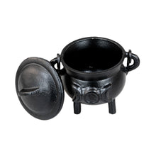 Load image into Gallery viewer, Cast Iron 3" Triple Moon Goddess Cauldron lid off on a white background - Down to Earth
