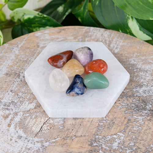 Charging Plate Chakra Set on wooden surface - Down to Earth 