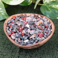 Bloodstone Crystal Chips in a coconut shell styled photo - Down to Earth