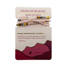 Load image into Gallery viewer, "Packaged stone bracelet/necklace set with 'Stone of Healing Rose Quartz' text on a white background," - Down to Earth.
