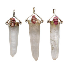 Load image into Gallery viewer, "Three crystal pendants with silver accents and pink stones on a white background," - Down to Earth.
