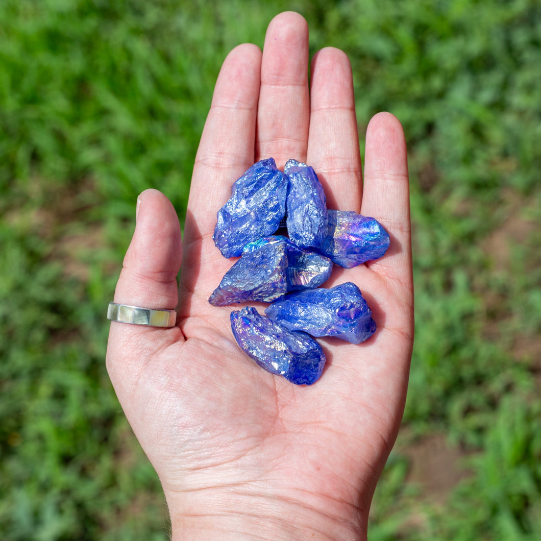 Cobalt Aura Quartz Raw in Palm of a Hand - Down To Earth