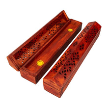 Load image into Gallery viewer, &quot;Two cherry red Coffin Incense Burners, one with the lid propped open, on a white background,&quot; - Down to Earth.
