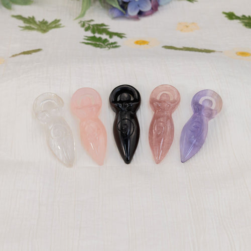Crystal Goddess Statue, Clear Quartz, Rose Quartz, Black Obsidian, Strawberry Quartz, Fluorite - Down To Earth