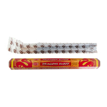 Load image into Gallery viewer, "20pk Dragon's Blood HEM Incense Sticks with the white package containing the incense next to the packaging on a white background," - Down to Earth.
