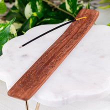 Load image into Gallery viewer, Floral Carved Wood Incense Holder on a marble surface top down angle - Down to Earth
