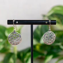 Load image into Gallery viewer, "Silver Flower of Life Sterling Silver Earrings on a black stand with green foliage in the background," - Down to Earth.
