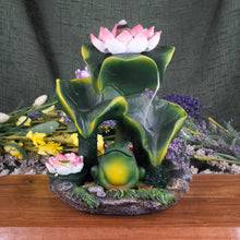 Load image into Gallery viewer, Frog Backflow Incense Burner front facing with incense on top on a style background - Down to Earth
