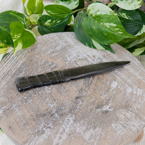 Golden Sheen Knife Spiral Handle on a wooden surface - Down to Earth