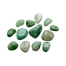Load image into Gallery viewer, &quot;Top-down view of 13 tumbled Green Aventurine crystals on a white background,&quot; - Down to Earth.
