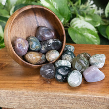 Load image into Gallery viewer, Green Moss Agate Tumbled 1lb up close front facing on a styled background - Down To Earth
