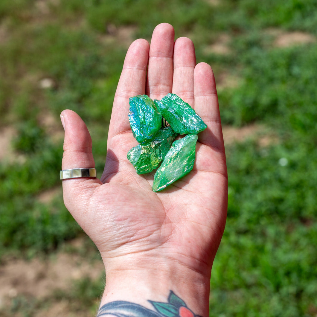 Green Aura Quartz Raw in Palm of a Hand - Down To Earth