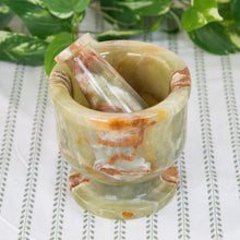 Load image into Gallery viewer, Green &amp; White 5" Mortar &amp; Pestle top down on a style background - Down To Earth

