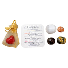 Load image into Gallery viewer, &quot;Top-down view of the contents of a Happiness Crystal Kit that includes Carnelian, Garnet, Selenite, Bumblebee Jasper, and a glass heart,&quot; - Down to Earth.
