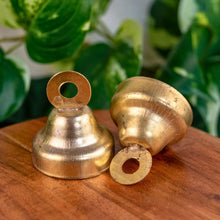 Load image into Gallery viewer, "Two iron bells on a wooden surface with green leaves in the background," - Down to Earth.

