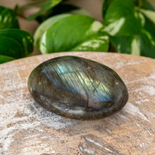 Load image into Gallery viewer, &quot;Labradorite palm stone on a wooden surface with green leaves in the background,&quot; - Down to Earth.
