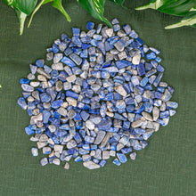 Load image into Gallery viewer, Lapis Crystal Chips on a green cloth styled photo - Down to Earth
