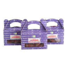 Load image into Gallery viewer, &quot;Three packages of Lavender Satya Backflow Dhoop Cones on a white background,&quot; - Down to Earth.
