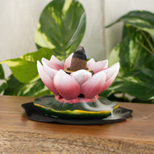 Load image into Gallery viewer, Lotus BackFlow Incense Burner with cone front facing on a style background - Down To Earth
