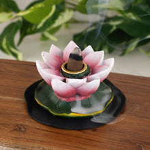 Load image into Gallery viewer, Lotus BackFlow Incense Burner with cone top down on a style background - Down To Earth
