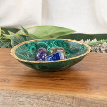 Load image into Gallery viewer, Malachite Round Bowl Front rocks inside with leaves background - Down To Earth
