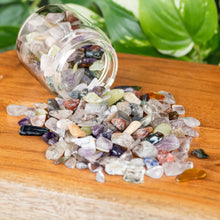 Load image into Gallery viewer, Mixed Crystal Chips 1lb up close top down displayed on a styled background - Down To Earth
