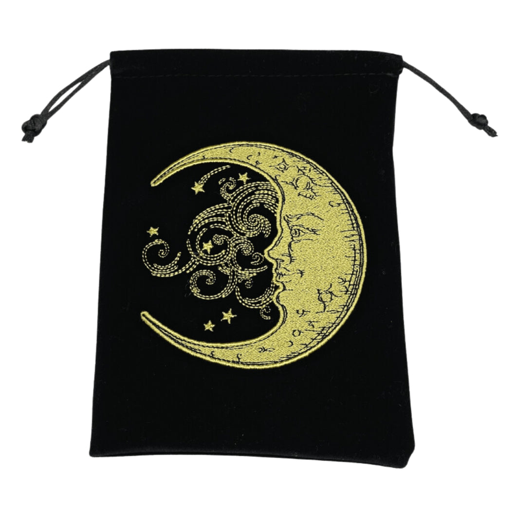 Black Velvet Tarot Bag with embroidered yellow moon design - Down To Earth