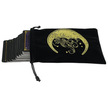 Load image into Gallery viewer, Black Velvet Tarot Bag with embroidered yellow moon design with cards tarot coming out - Down To Earth
