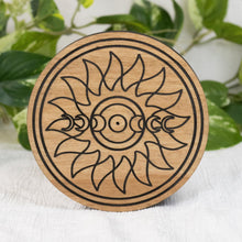 Load image into Gallery viewer, Moon Phrase Upright Incense Holder front side displayed on a styled background - Down To Earth
