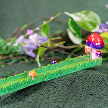 Load image into Gallery viewer, Mushroom Incense Burner on a green cloth with an incense burning styled photo - Down to Earth

