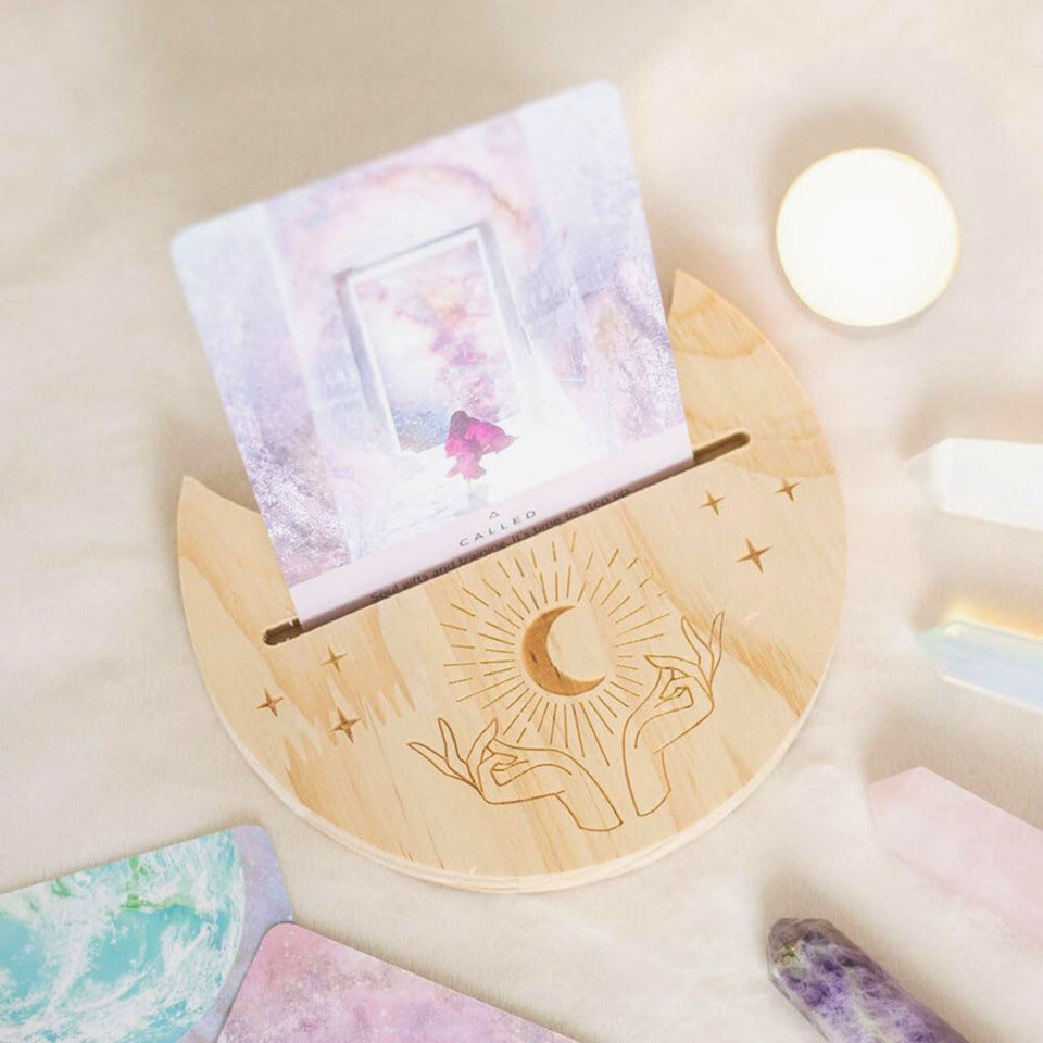 Wood Crescent Moon Tarot Card Stand  with Card Styled - Down To Earth