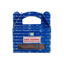 Load image into Gallery viewer, &quot;Single package of Nag Champa Satya Backflow Dhoop Cones on a white background,&quot; - Down to Earth.
