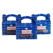 Load image into Gallery viewer, &quot;Three packages of Nag Champa Backflow Satya Dhoop Cones on a white background,&quot; - Down to Earth.
