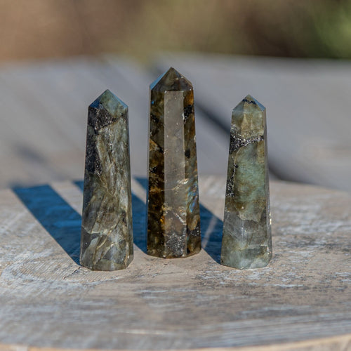 Labradorite towers in a group photo on a wooden surface - Down to Earth