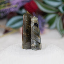 Load image into Gallery viewer, Labradorite towers in a group photo on a white cloth - Down to Earth
