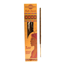 Load image into Gallery viewer, "Palo Santo Sacred Elements incense stick pack with a single incense stick next to the packaging on a white background," - Down to Earth.

