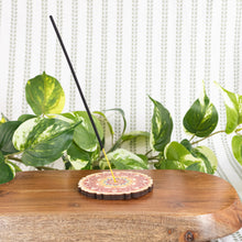Load image into Gallery viewer, Colorful Mandala Wood Upright Incense with an incense stick on it on a style background - Down To Earth
