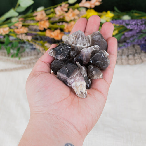 Raw Smoky Chevron Amethyst Points in hand - Down to Earth 