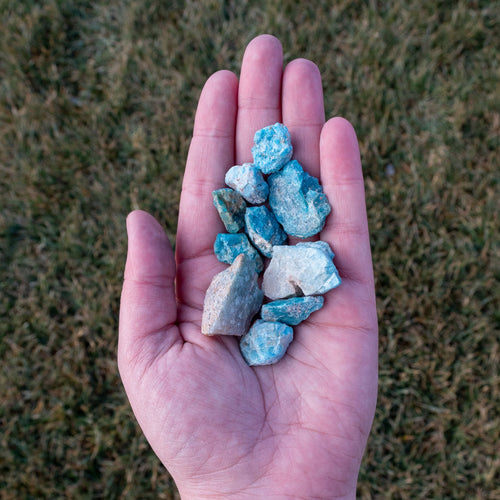 Raw Blue Apatite in Palm of Hand - Down to Earth