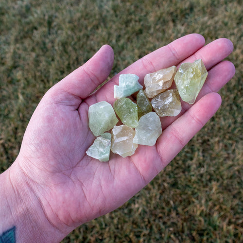 Raw Green Calcite in Palm of Hand - Down To Earth