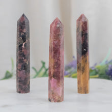 Load image into Gallery viewer, Rhodonite Obelisk Group Picture with Style Background - Down To Earth
