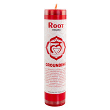 Load image into Gallery viewer, "Candle with red and white packaging labeled Root Chakra and Grounding," - Down to Earth.
