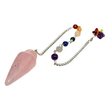 Load image into Gallery viewer, Rose Quartz Curved Pendulum with 7 Chakra Stones Up Close - Down To Earth
